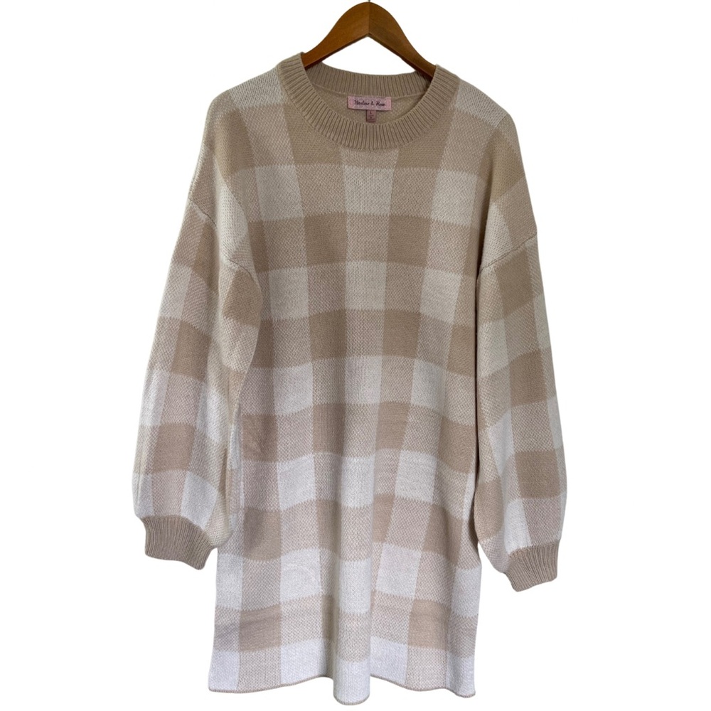 NWOT Harlow & Rose Plaid Mini Sweater Dress Tan White Women’s L